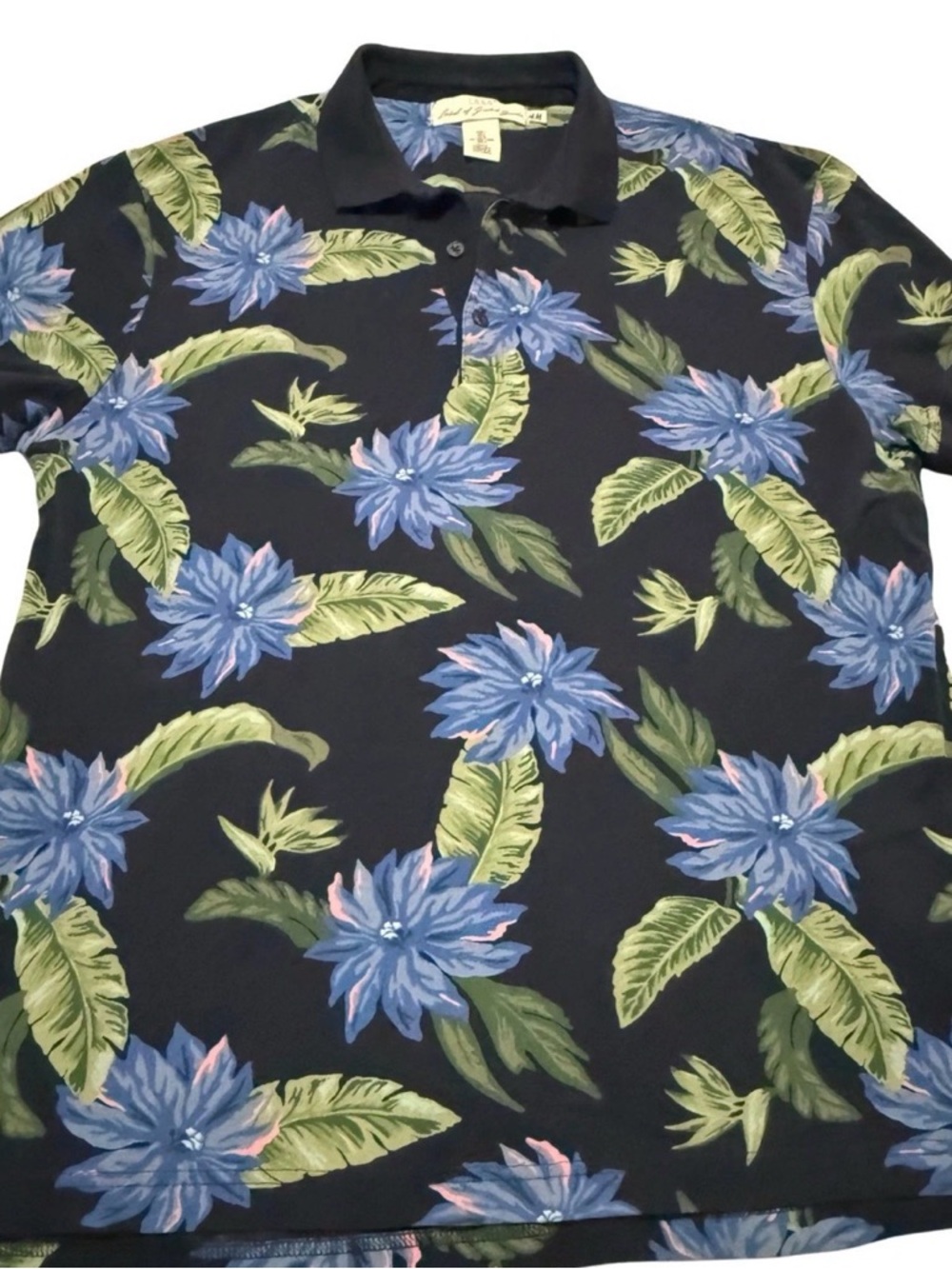 H&M Black Polo with Blue Floral and Green Leaf Print